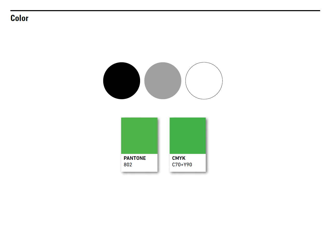 색: 검정, 회색, 흰색과 초록 PANTONE 802, CMYK C70+Y90